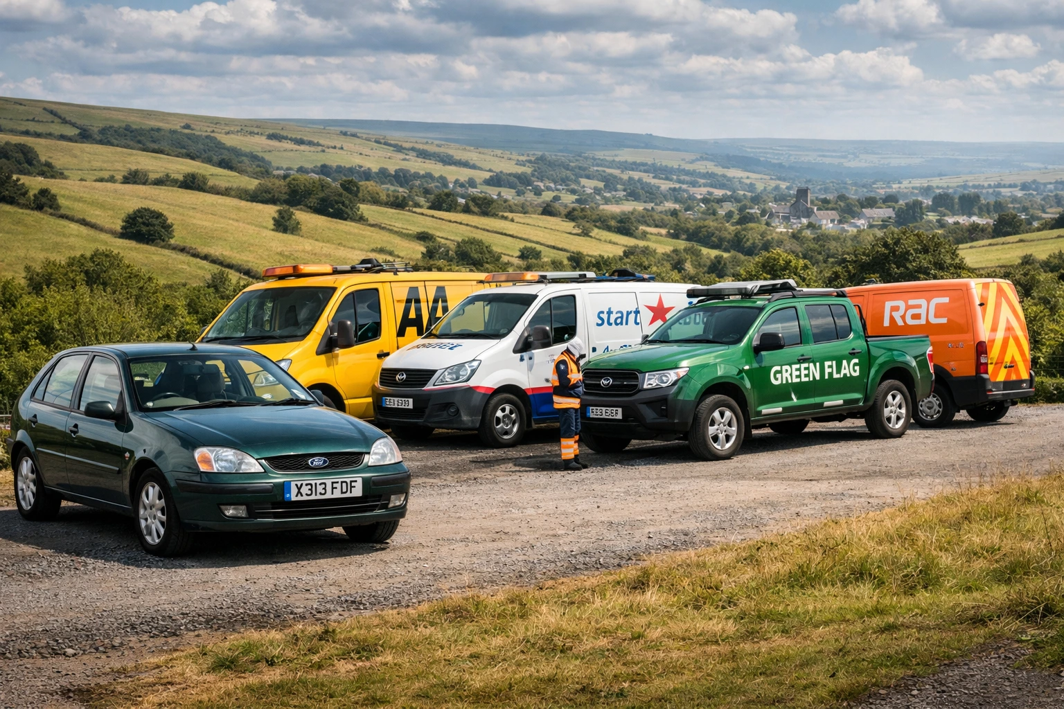Best breakdown cover for older cars UK showing AA, Start Rescue, Green Flag and RAC patrol vehicles with an older Ford Focus in countryside setting