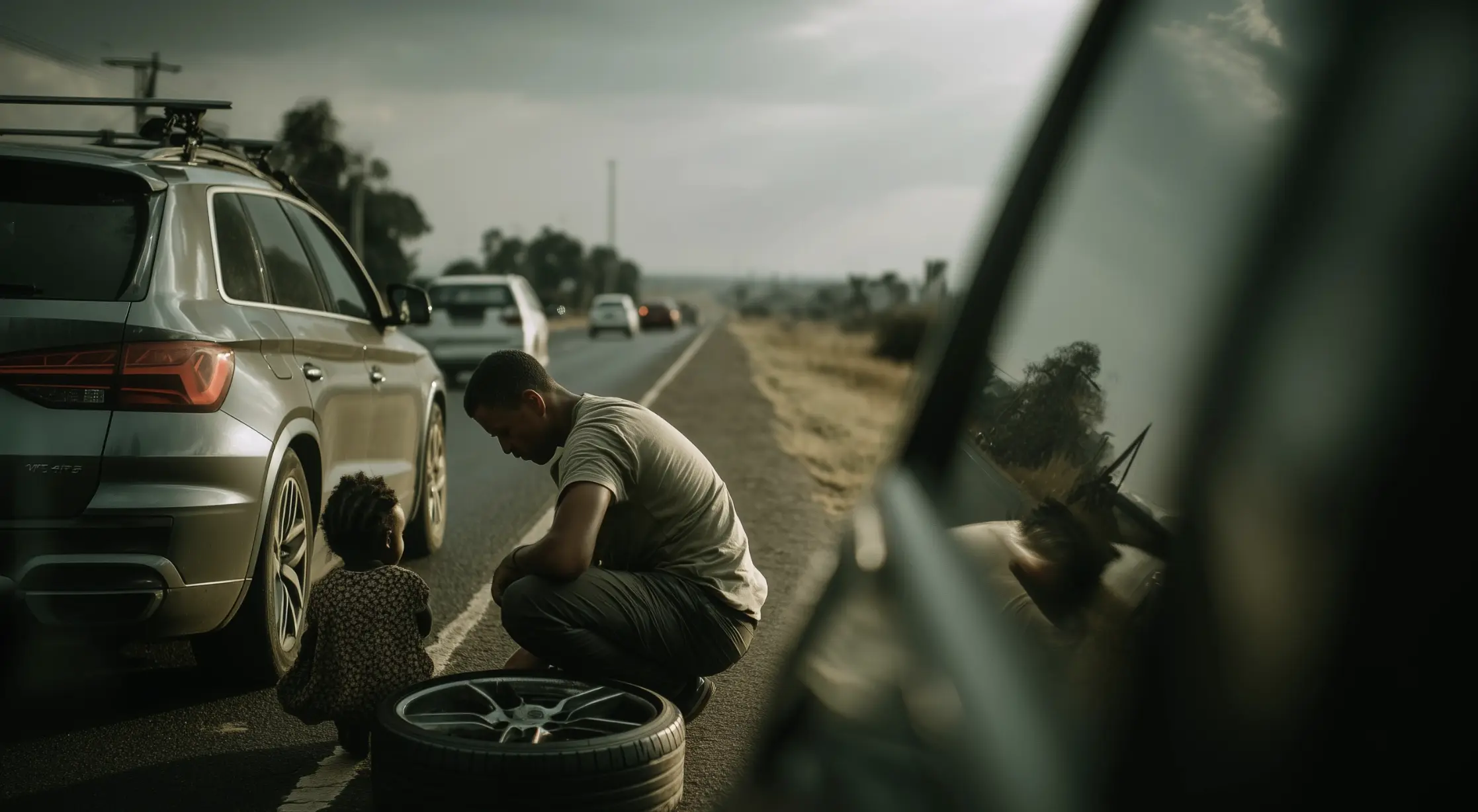 Father and child changing flat tire on roadside - why breakdown cover matters for UK families in 2026