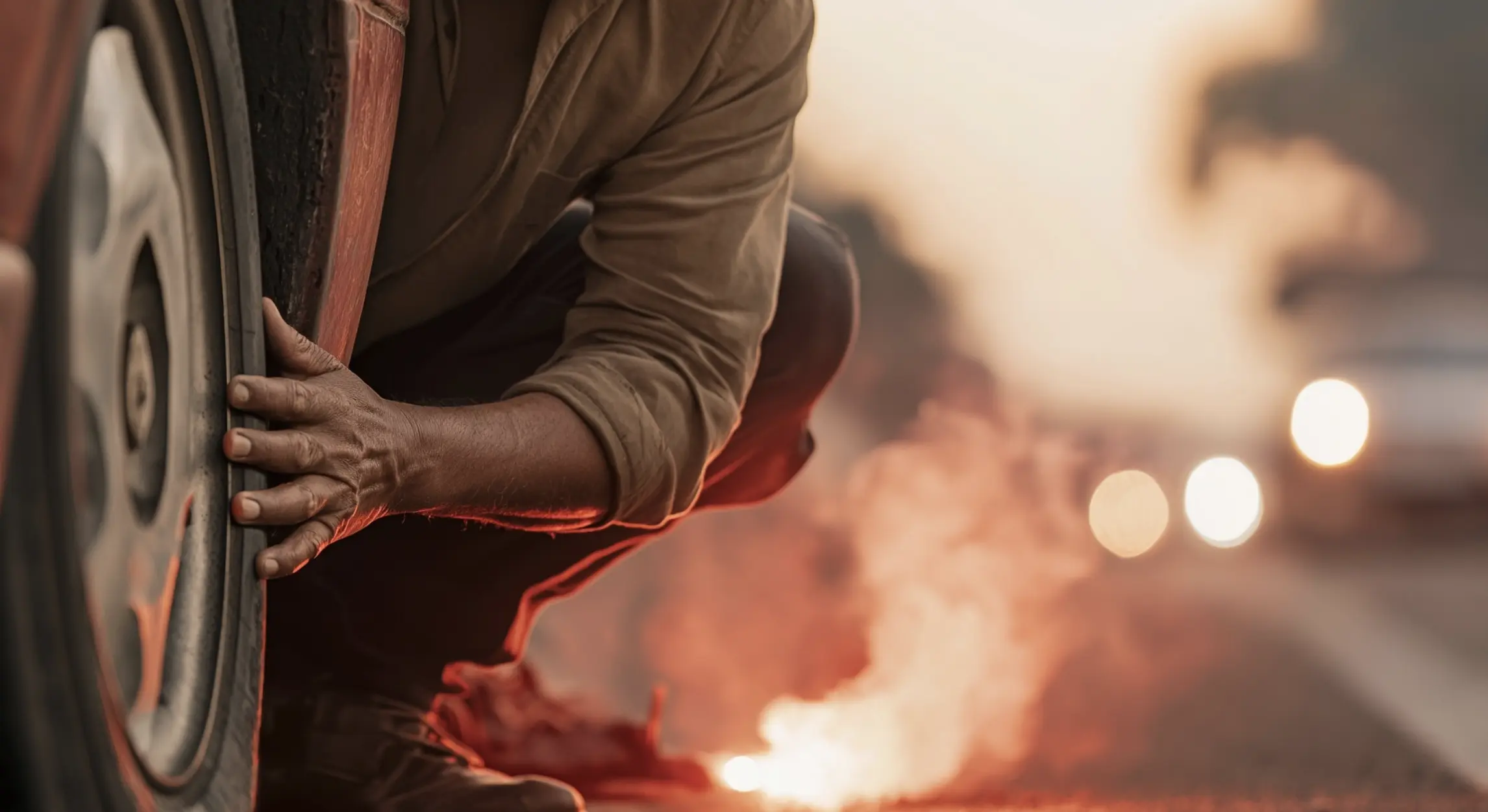 Close-up of hands changing car tire - common UK breakdown cause requiring roadside assistance