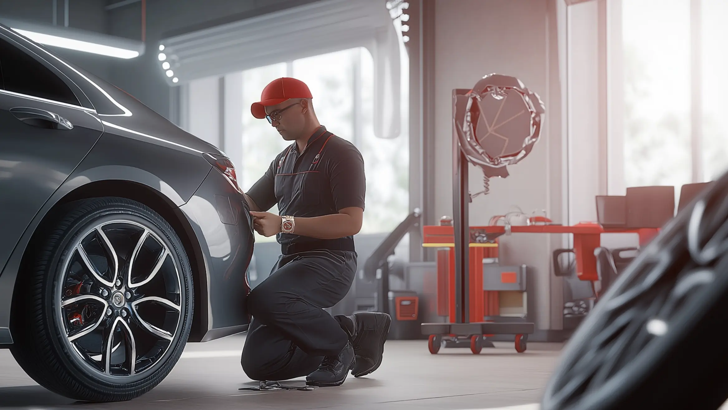 Professional mechanic inspecting car tire in modern garage - choosing quality UK breakdown service provider