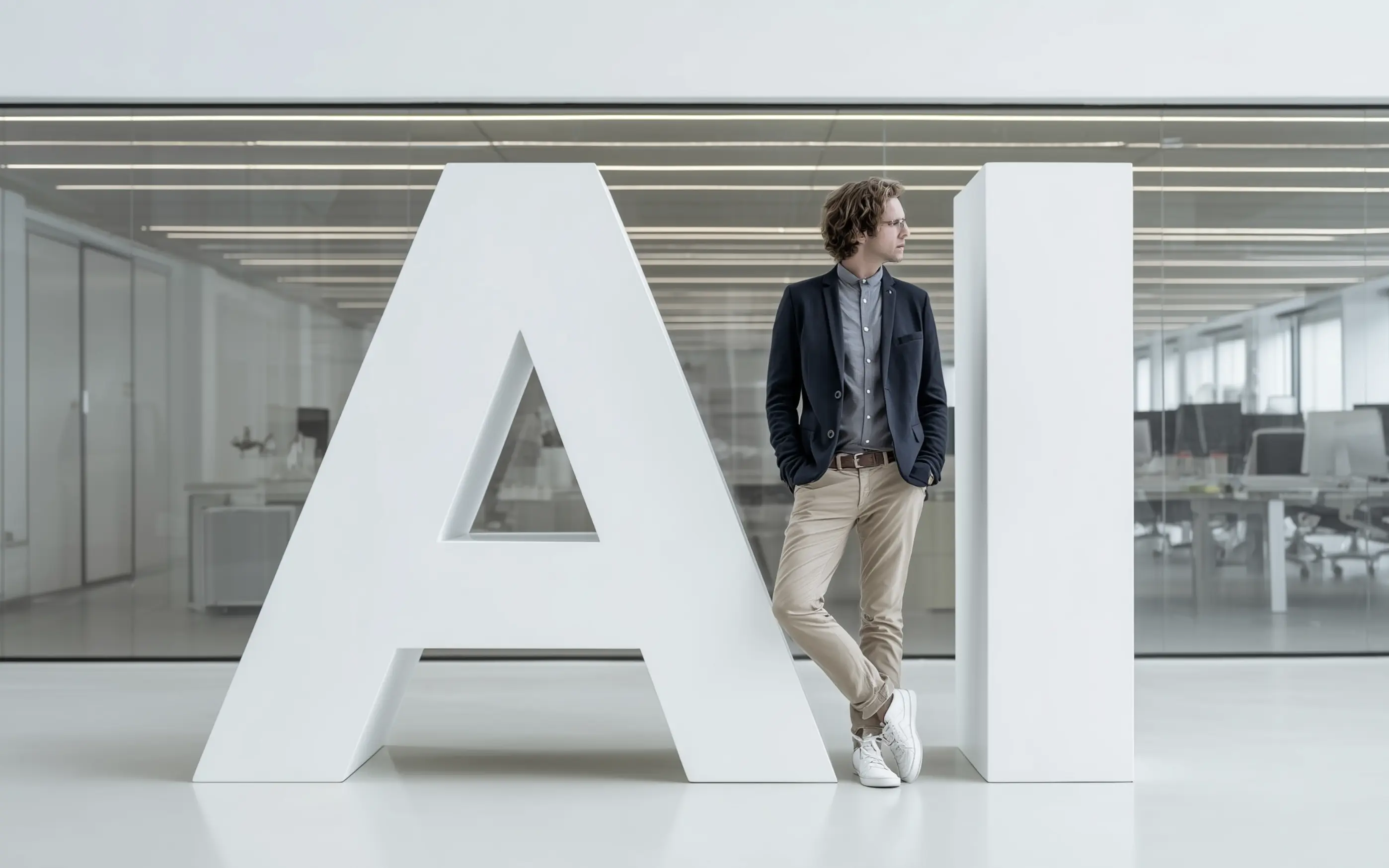 Professional standing next to large AI letters in modern office setting, representing artificial intelligence transformation in insurance industry