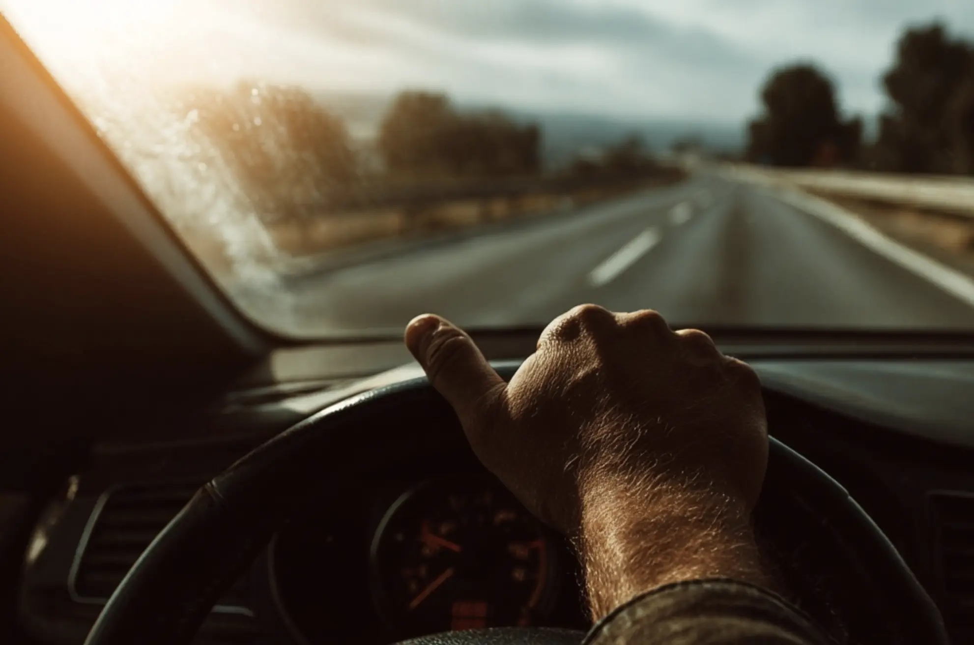 Driver holding steering wheel on UK motorway representing comprehensive car insurance coverage