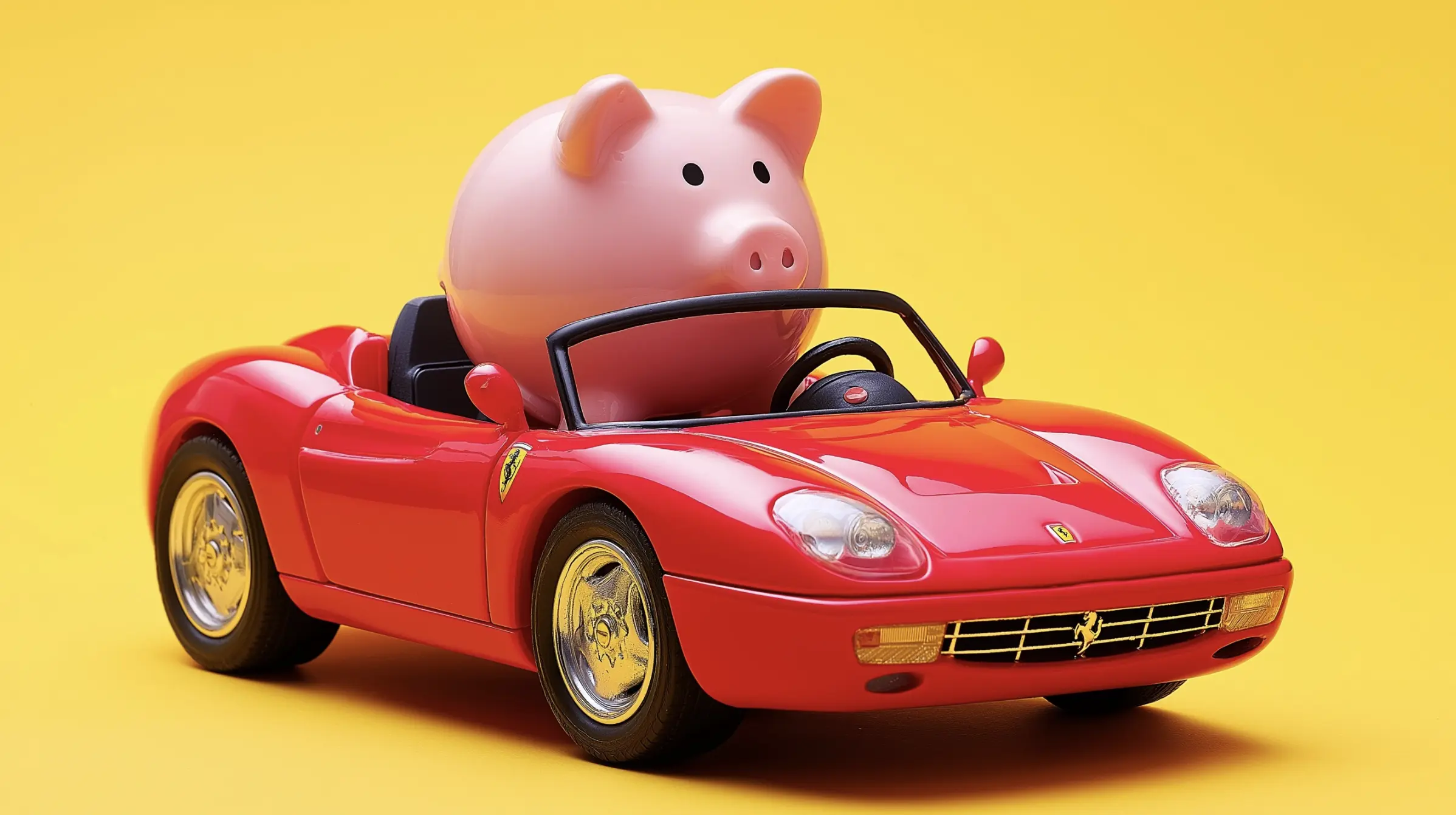 Piggy bank in red sports car representing rising car insurance and motoring costs in 2026