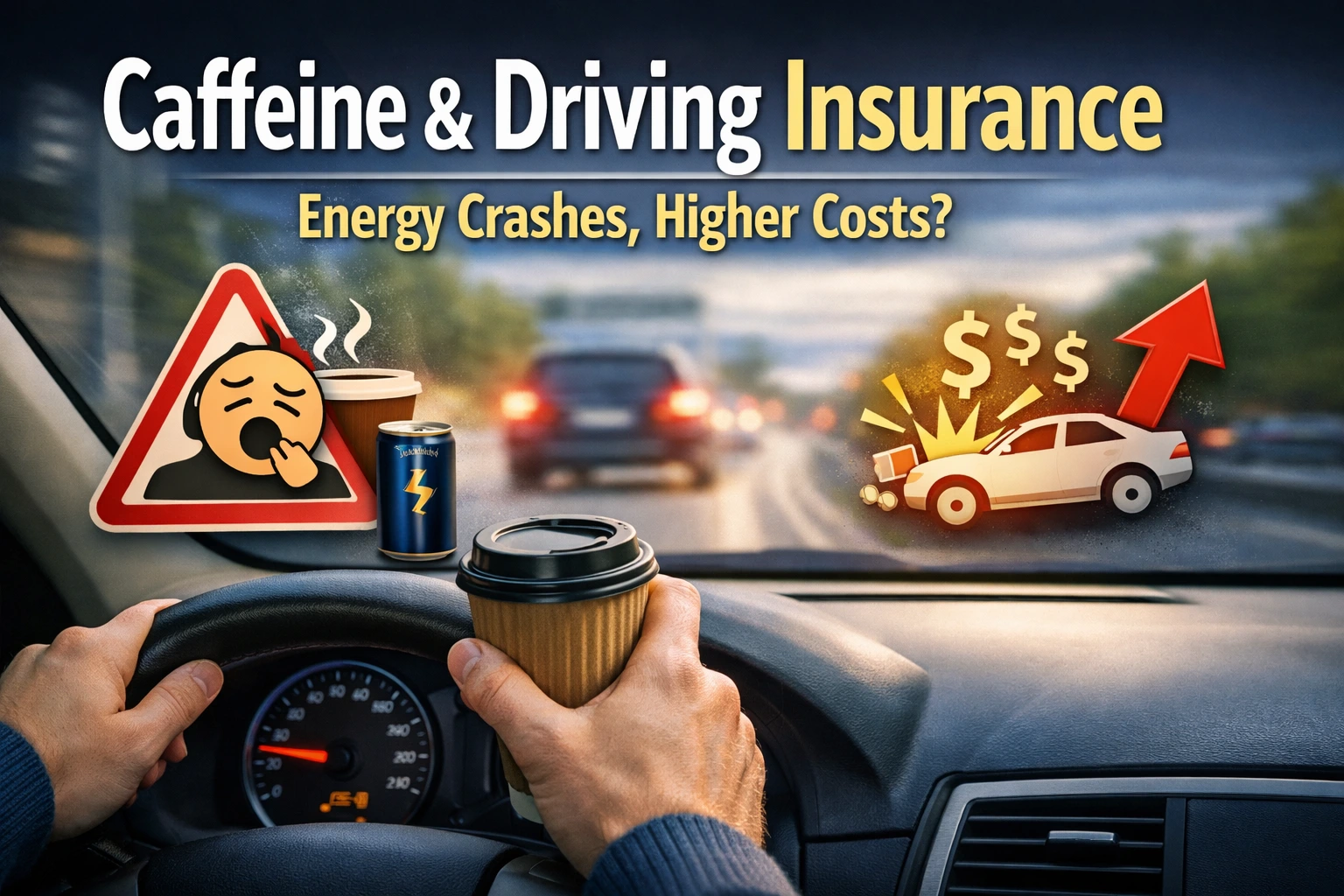 Driver holding coffee cup while driving on motorway, illustrating caffeine and driving insurance risks with energy crash warning signs