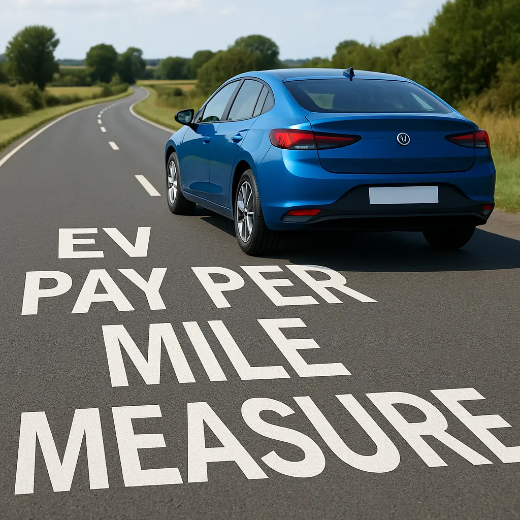 Blue electric vehicle on UK motorway with EV pay per mile measure text - 3p per mile for battery electric vehicles from April 2028