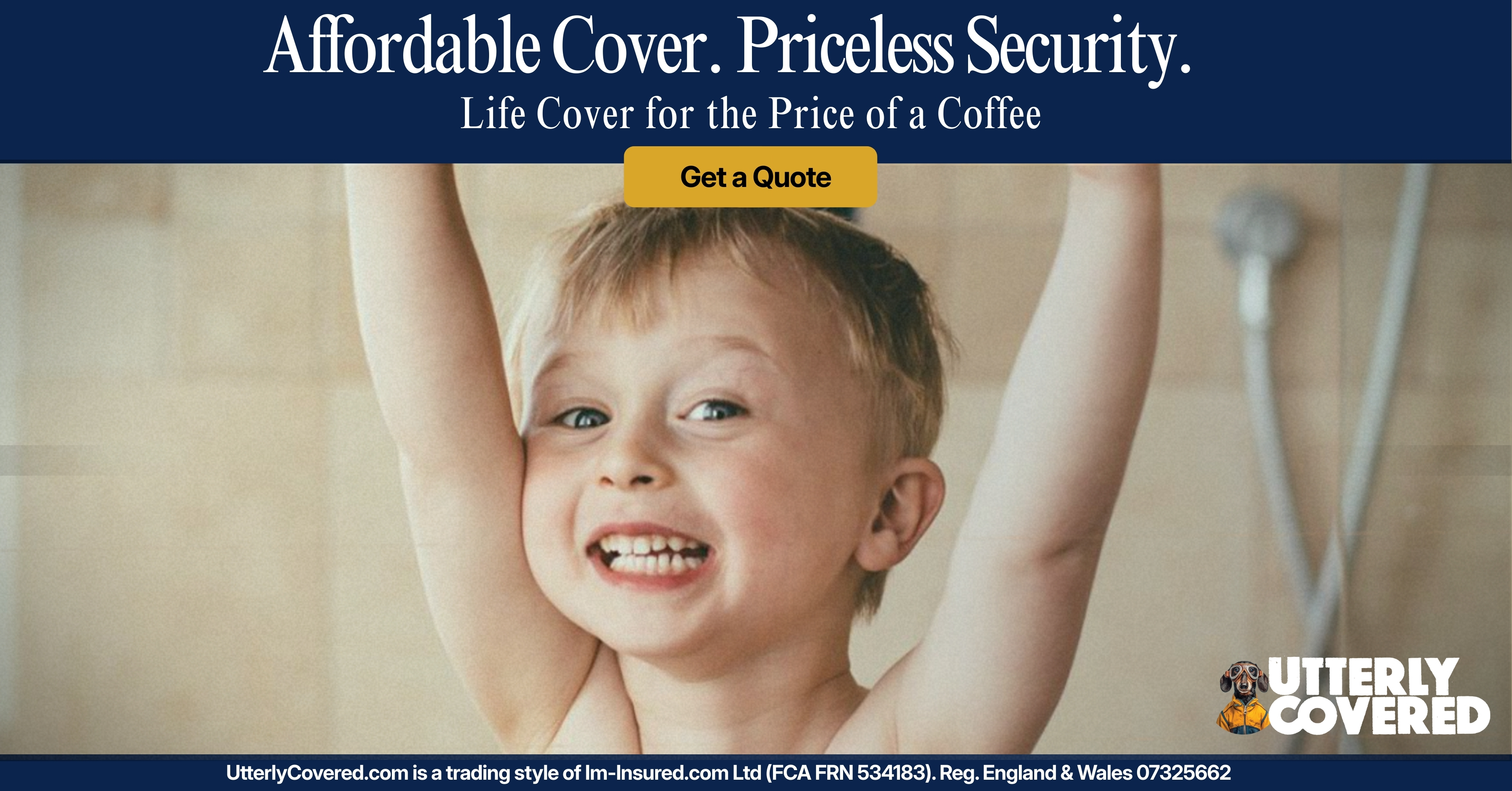 Smiling child with arms raised representing family financial security and affordable life cover from UtterlyCovered — life cover for the price of a coffee