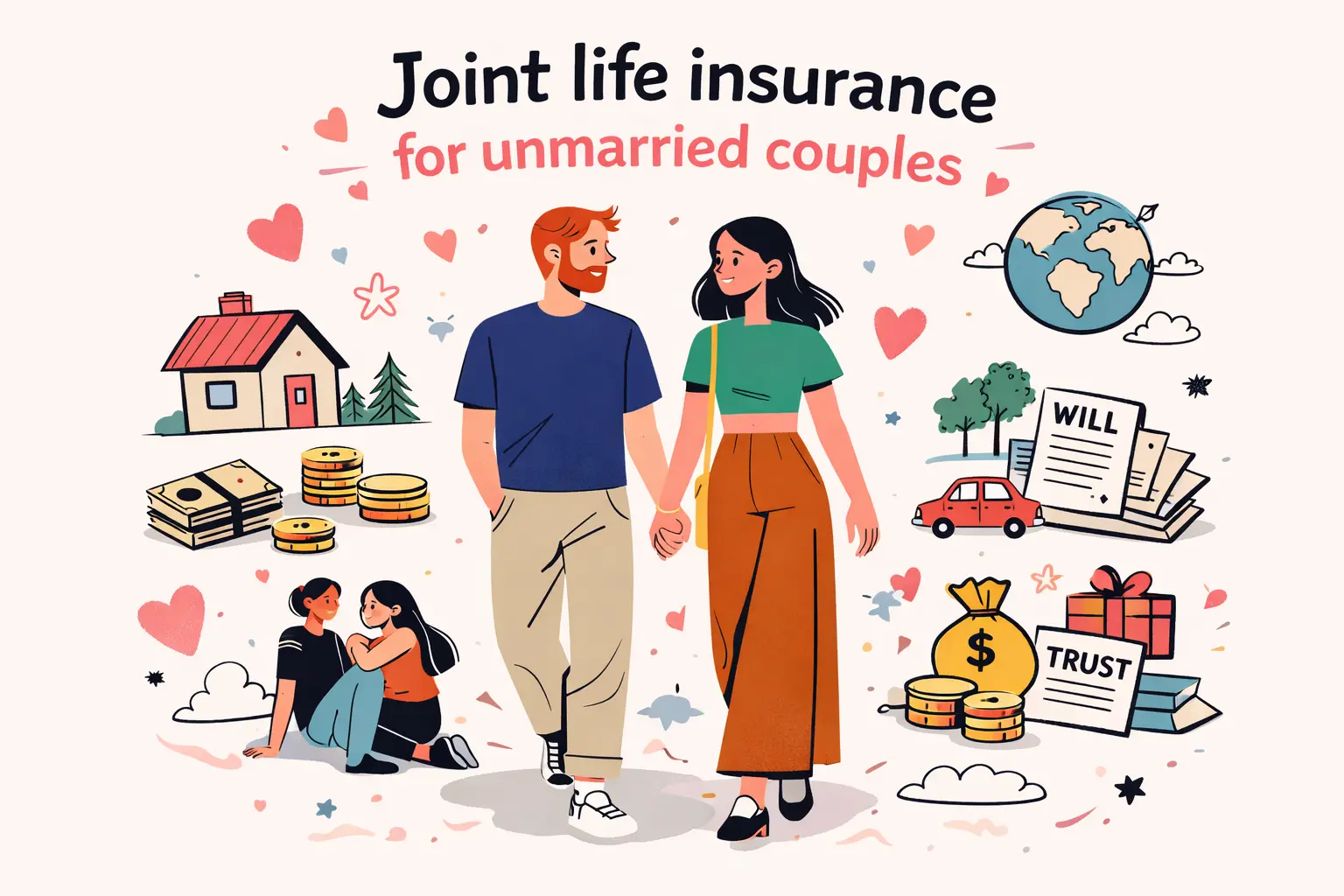 Unmarried couple holding hands surrounded by financial planning elements representing joint life insurance coverage