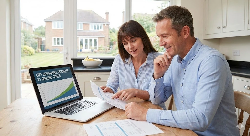Professional couple in modern kitchen reviewing £1 million life insurance quotes on laptop, with documents showing coverage estimates for high-value policies