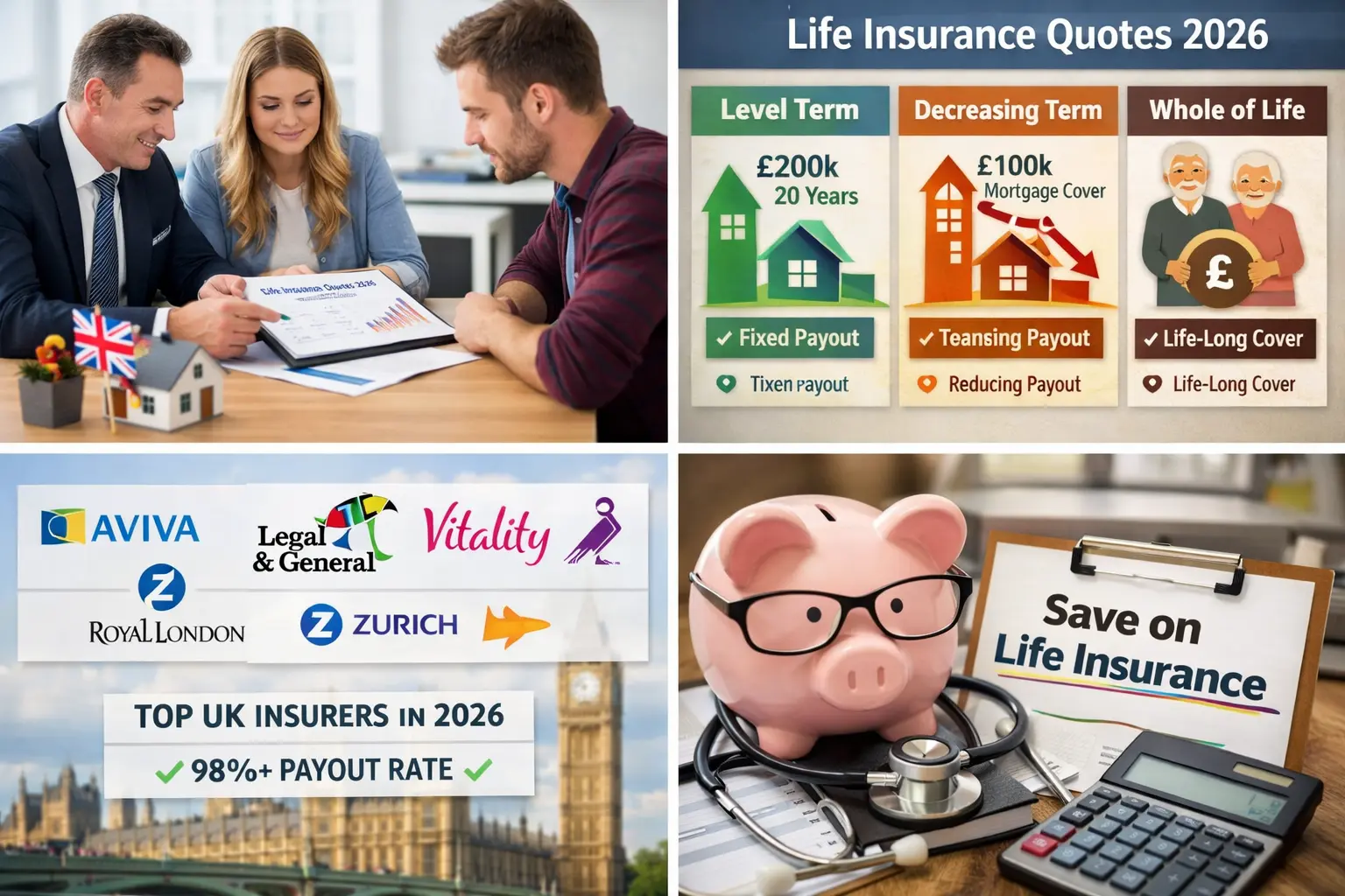 Life insurance quotes UK 2026 comparison guide showing level term, decreasing term, and whole of life options with top UK insurers Aviva, Legal and General, Vitality, Royal London, and Zurich with 98% payout rates