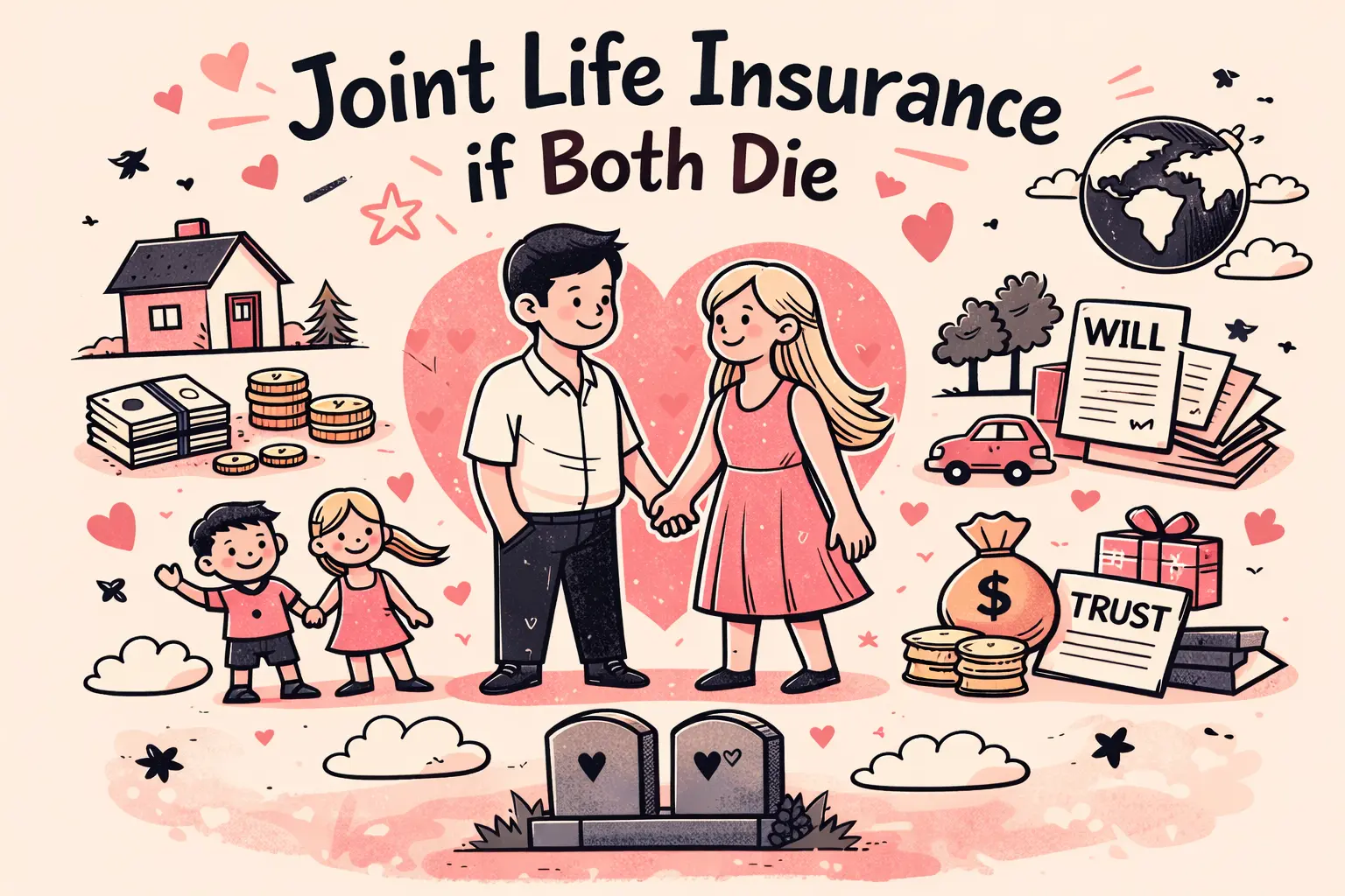 Illustration showing a couple with joint life insurance coverage, family home, children, and estate planning documents representing financial protection when both partners die