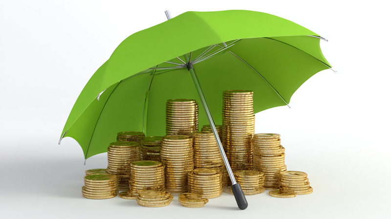Life insurance tax protection - umbrella protecting stacks of coins representing tax-free life insurance proceeds