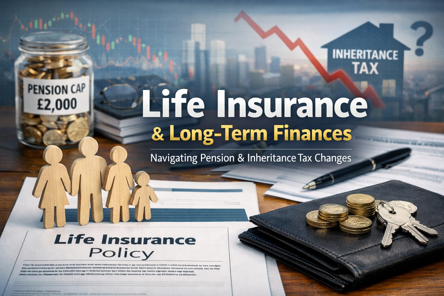 Life insurance policy document with wooden family figures, pension cap jar, inheritance tax graph, and financial planning elements on desk