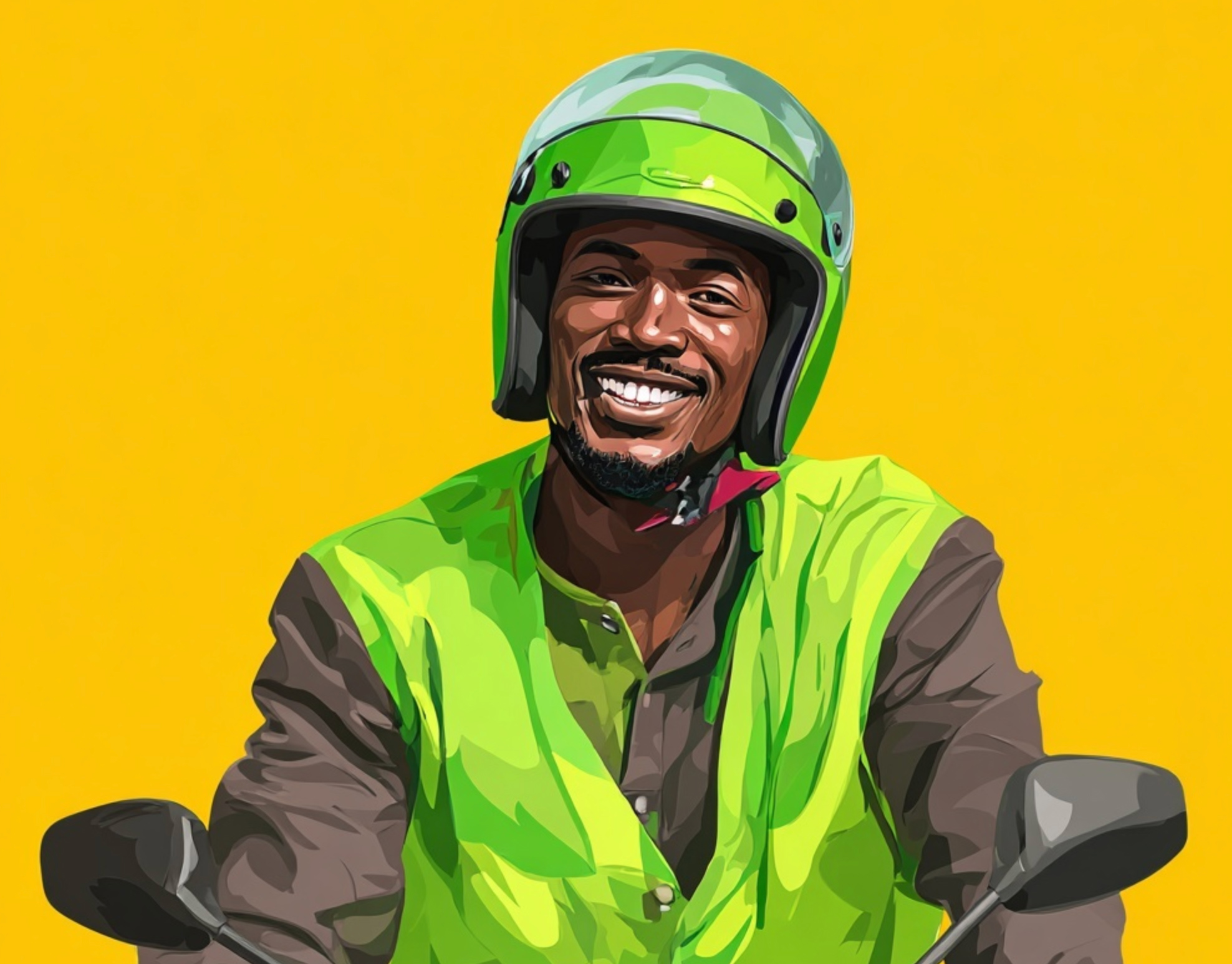 Happy first-time motorcycle rider in green helmet and safety gear on yellow background