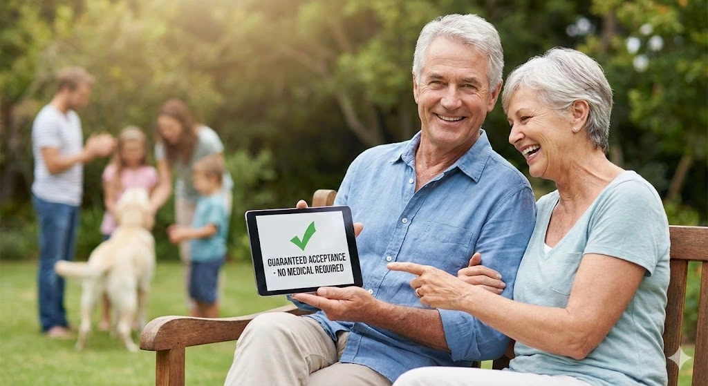 Happy senior couple in garden reviewing guaranteed acceptance life insurance on tablet, with family in background representing legacy planning and financial security for over 50s