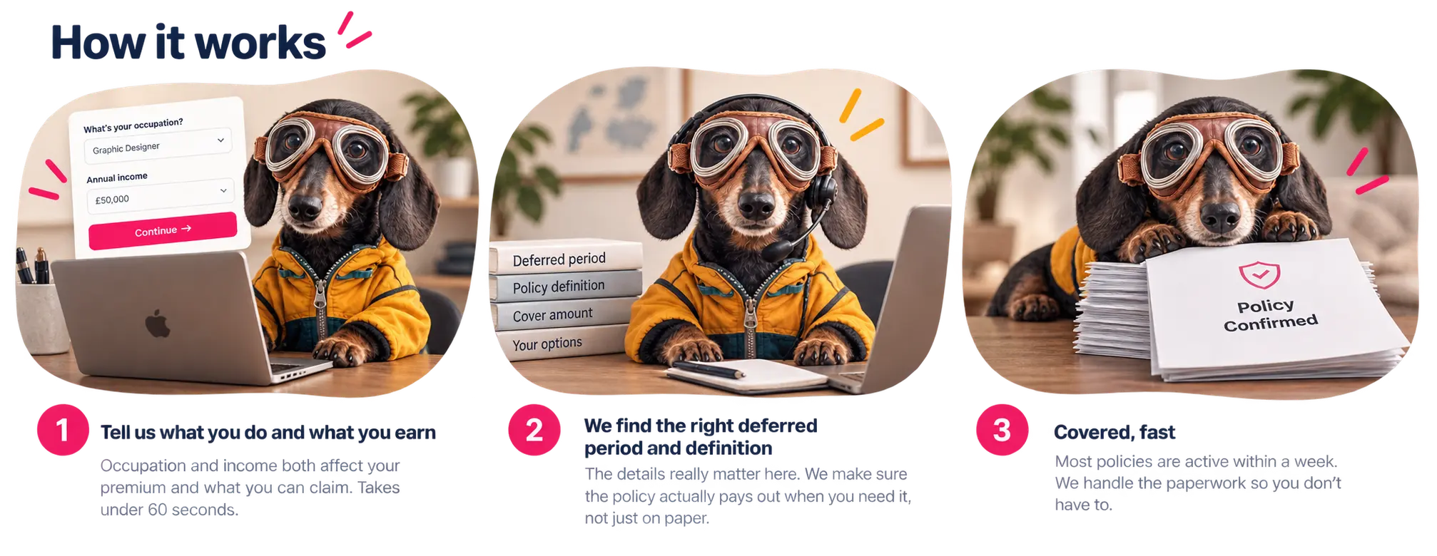 Step 1: Tell us what you do and what you earn. Occupation and income both affect your premium and what you can claim. Takes under 60 seconds. Step 2: We find the right deferred period and definition. The details really matter here. We make sure the policy actually pays out when you need it, not just on paper. Step 3: Covered, fast. Most policies are active within a week. We handle the paperwork so you don't have to.